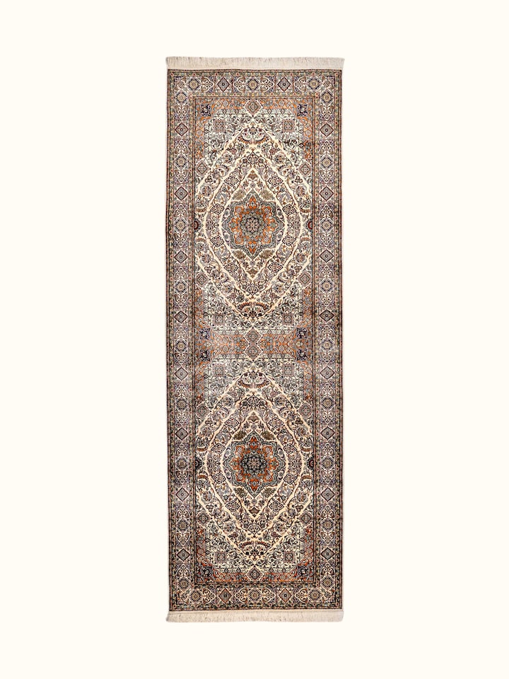 Traditional Persian ivory Sadakdar Kashmir silk hand-knotted runner with detailed motifs, front view