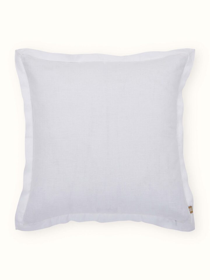 Razza White Carnation Buta Linen Kashmir Chain Stitch Hand Embroidery Cushion Cover