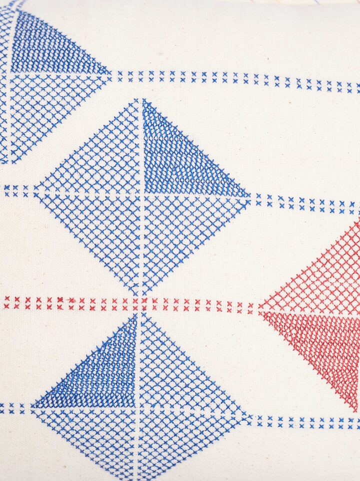 Close-up of Kutch Jat hand embroidery on cotton cushion cover