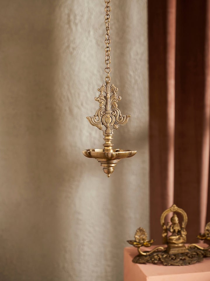 Side view of Polished Casting Hanging Diya, highlighting its traditional style and intricate details