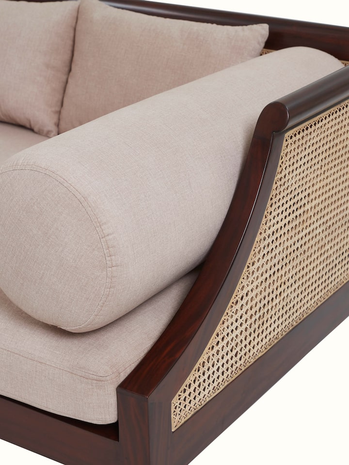 Detailed view of Upholstered Mahogany Wood 3-Seater Sofa showcasing the fine upholstery and intricate mahogany wood craftsmanship.