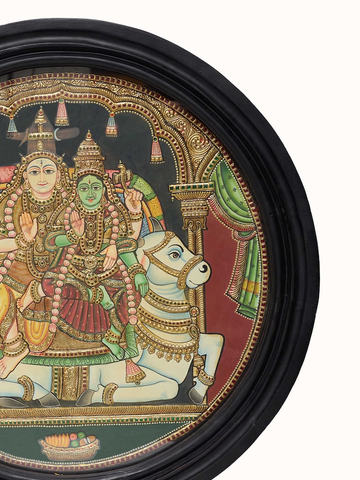 Close-up detail of the Shiva Parvathi Thanjavur Painting