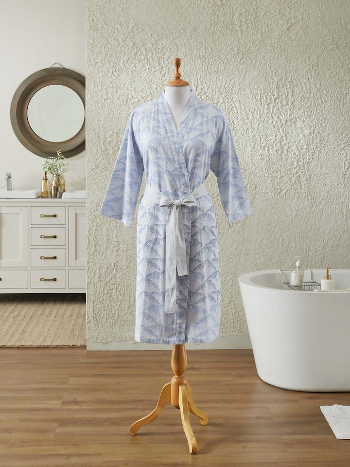 Parvat indigo ombre cotton Sanganeri block printed bathrobe, lifestyle view