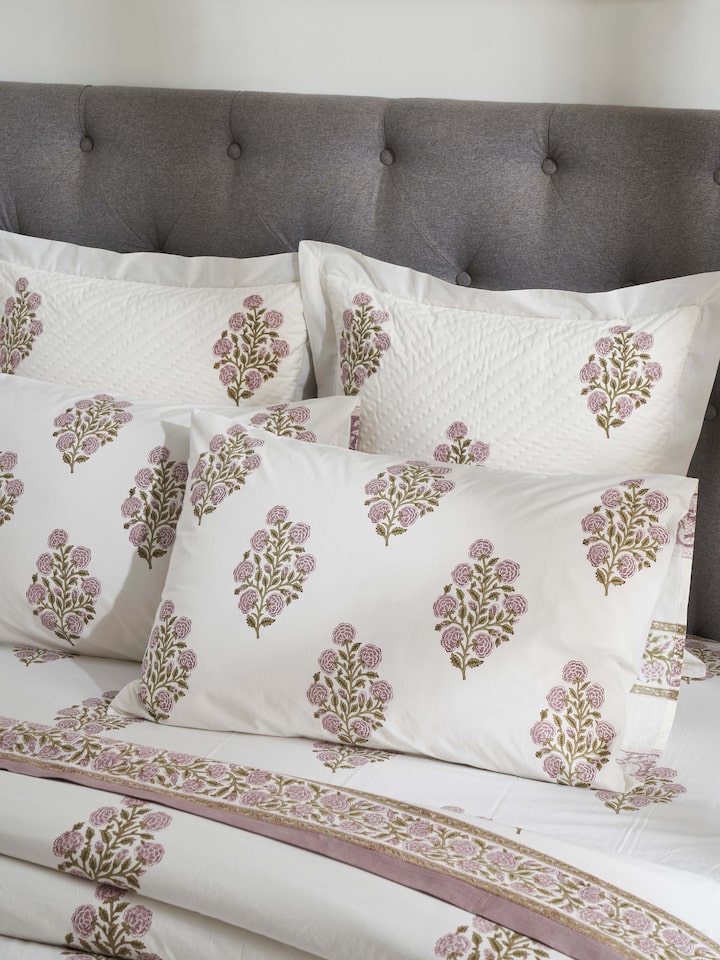 Side view of Saha Lavender Buta Cotton Sanganeri Block Printed Pillow Cases (2 pcs) highlighting the block print and fabric texture.