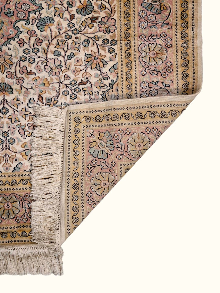 Back view of Traditional Persian Ivory Kashan Kashmir Silk Hand-Knotted Carpet showing the reverse weave