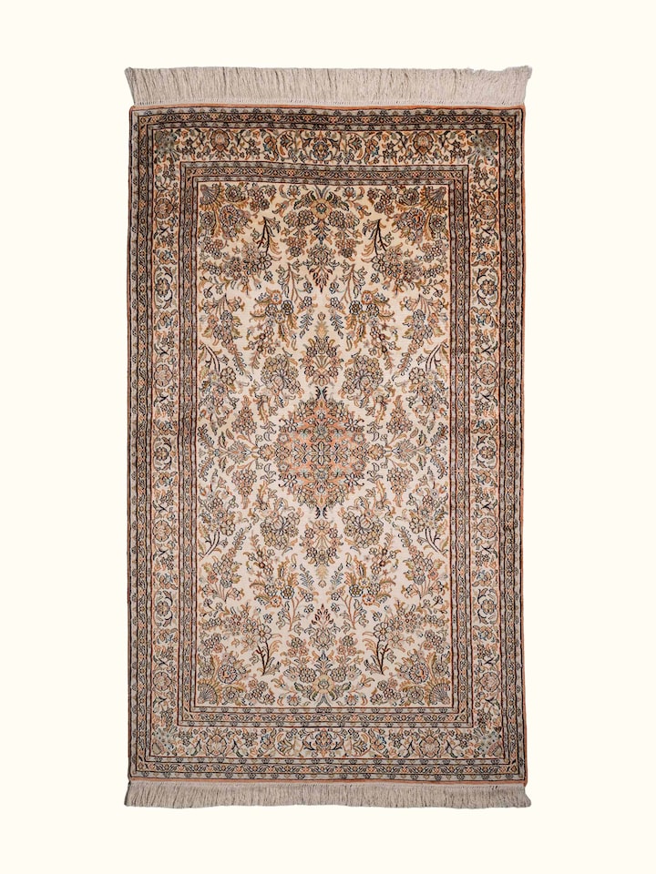Front view of Traditional Persian Ivory Mahal Kashmir Silk Hand-Knotted Carpet showing the full rug and pattern layout