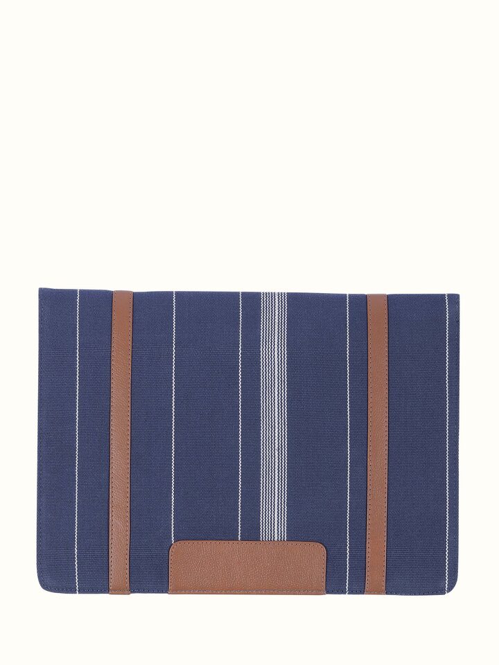 top view of blue handloom cotton ipad sleeve