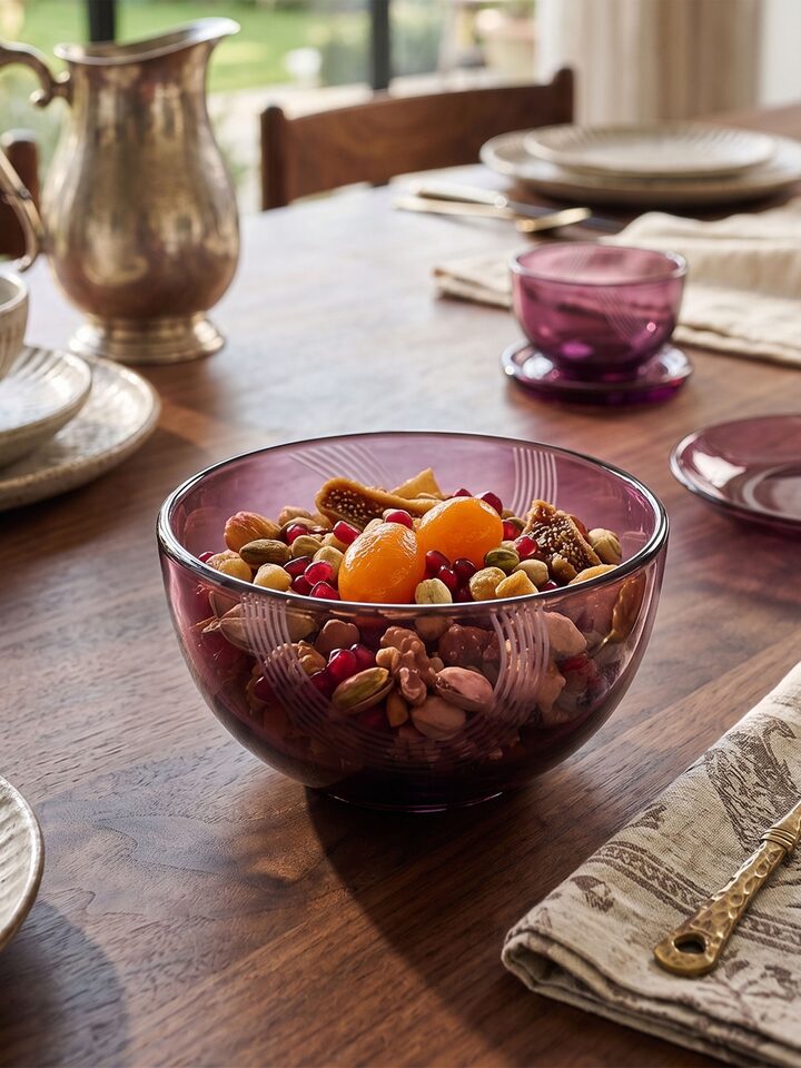 Side view of the Firozabadi Glass Serving Bowl Purple Medium
