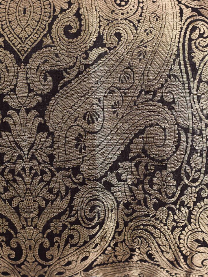 Awadh damask black Banarasi handloom silk cushion cover, detail shot of fabric texture