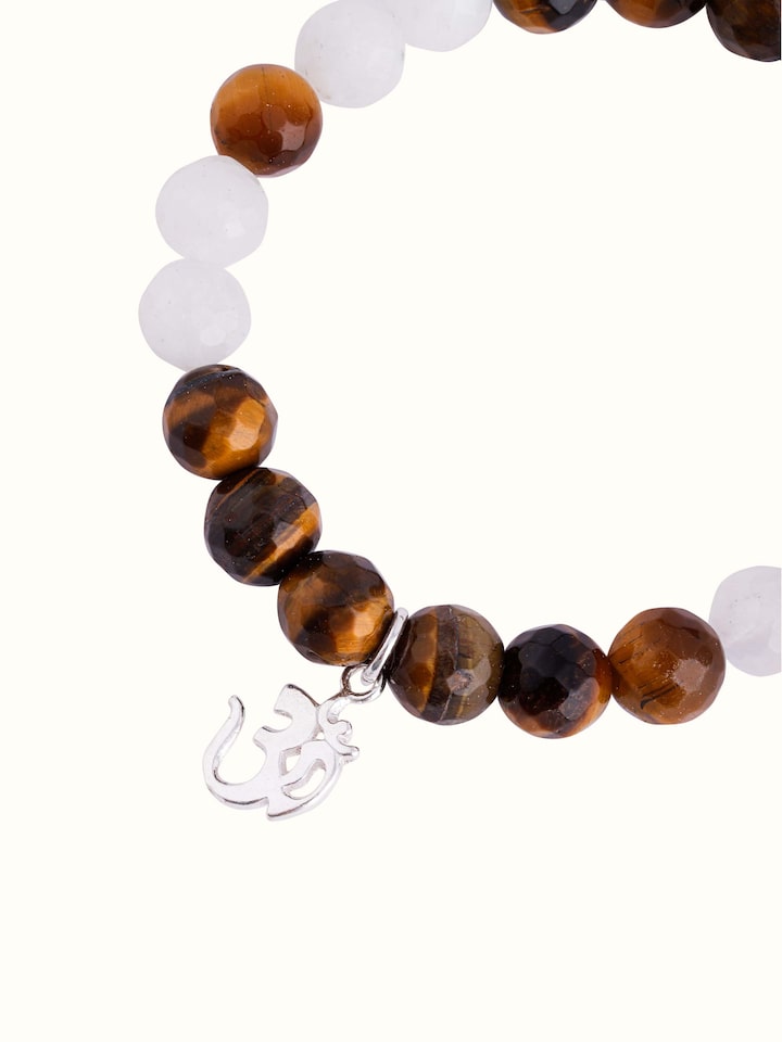 Top view of Tiger Eye & White Moonstone Bracelet showcasing gemstone contrast and secure clasp layout