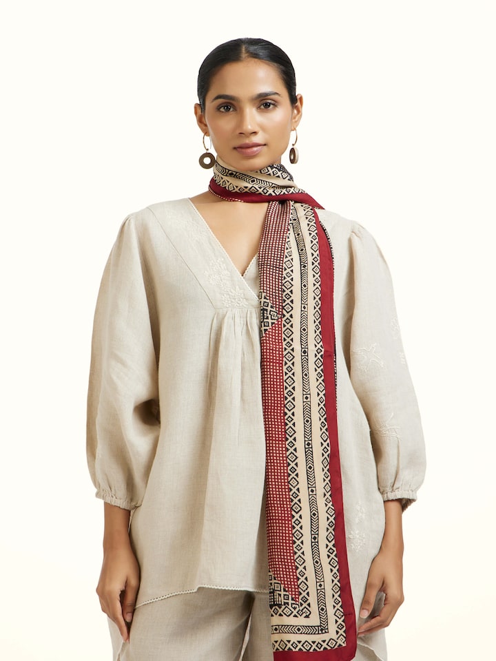 Angled view of the Rust Silk Bagh Hand Block Printed Stole