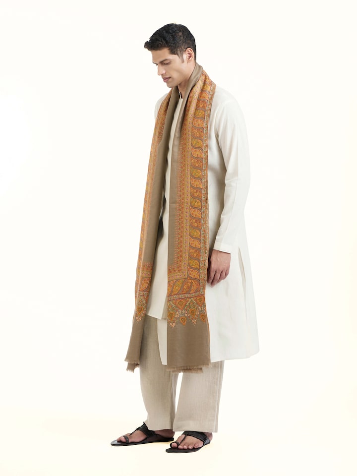 Side view of Charcoal Sozni Hand Embroidered Shawl highlighting the detailed craftsmanship and elegant silhouette