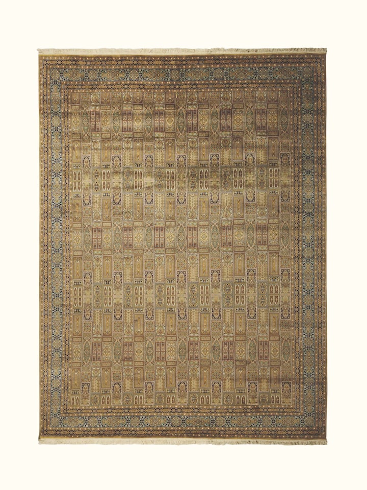 Front view of the Swadesh Traditional Persian Ochre Khesti Kashmir Silk Hand-Knotted Carpet