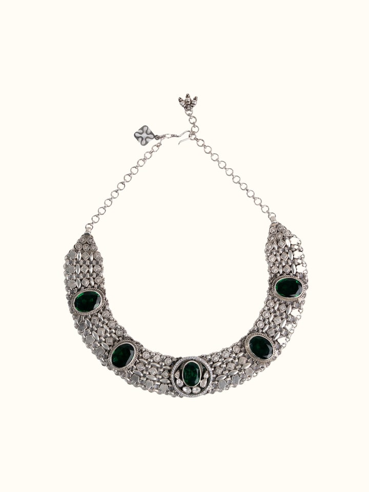 Front view of silver smithing collar necklace