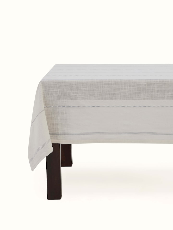 Front view of Arth Light Blue Stripe Cotton Handloom Table Cover for 6-seater dining table by Swadesh