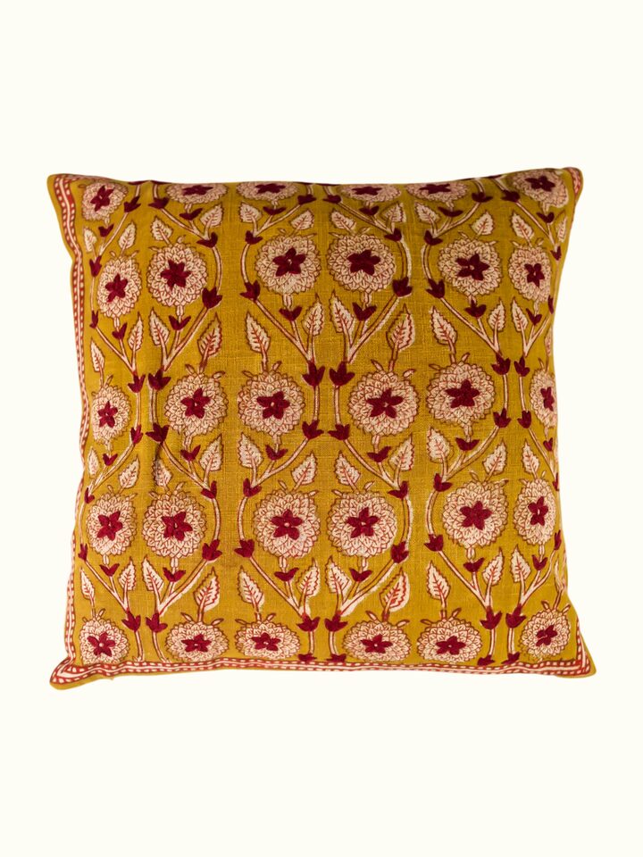 Front view of the Swadesh Marigold Hand Block Dabu With Embroidery Floral Lumbar Cushion