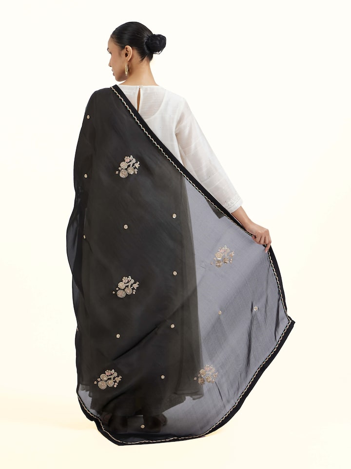 Back view of Black Banarasi Handloom Dupatta emphasizing the overall design and fine details