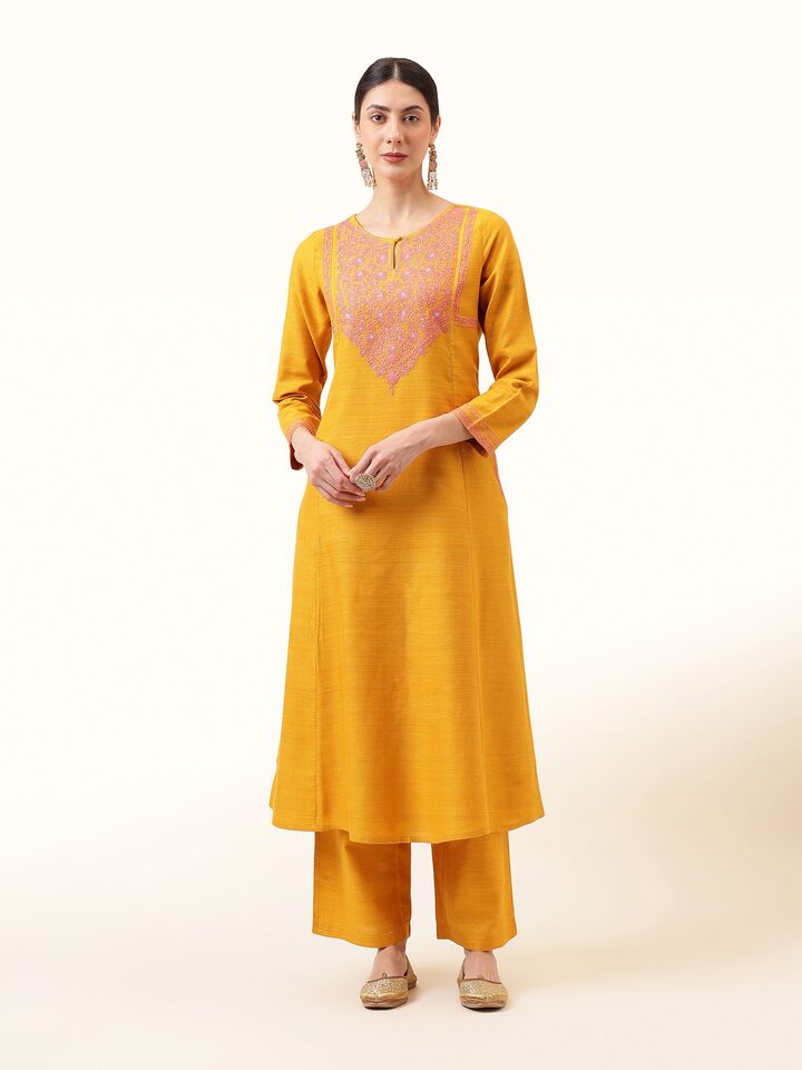 Mustard Silk Crewel Embroidered A-Line Kurta