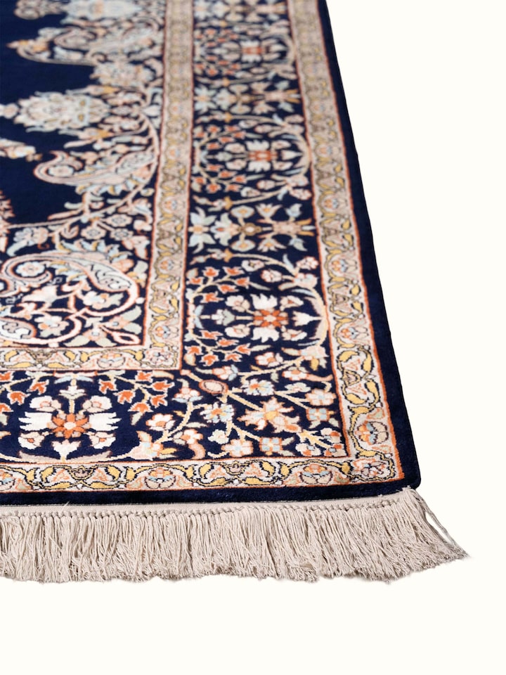 Close-up view of Traditional Persian Navy Mahal Kashmir Silk Hand-Knotted Carpet highlighting the hand-knotted weave and motif detail