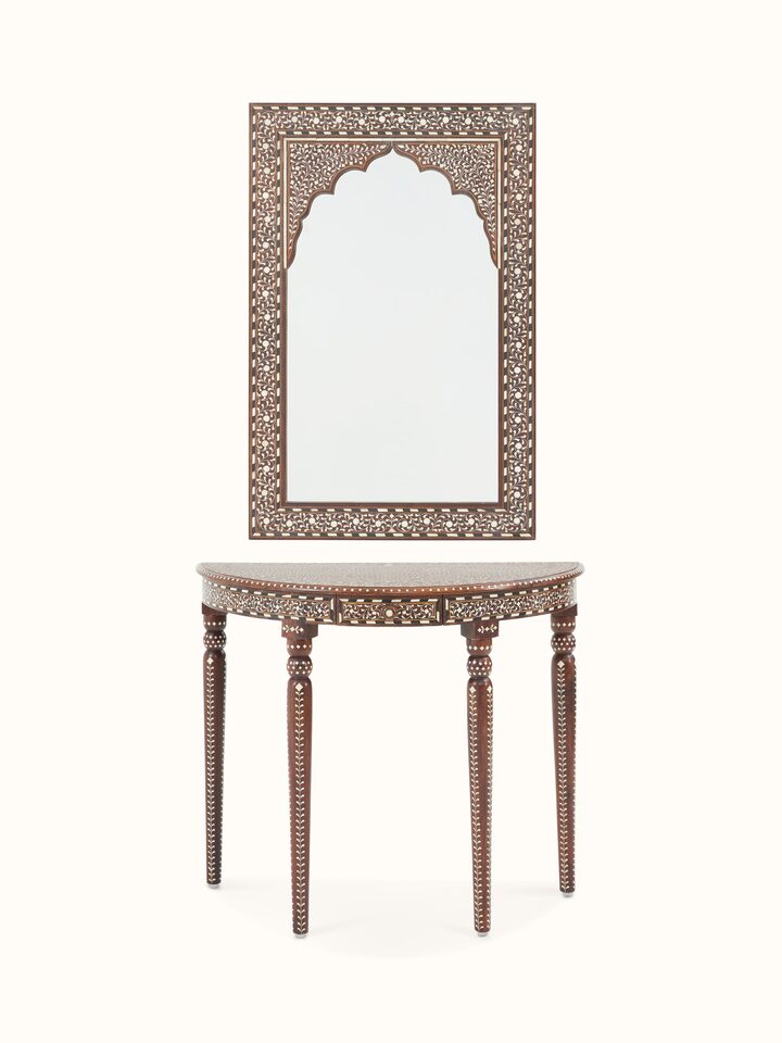 Front view of Sheesham Wood & Bone Inlay Dressing Table with Semicircular Console showing the front design and silhouette