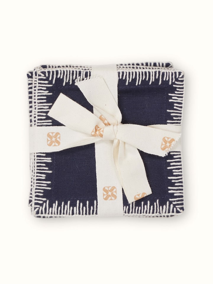 Parvat Indigo Edge Stitch Linen Cotton Hand Embroidered Coaster (6 Pcs)