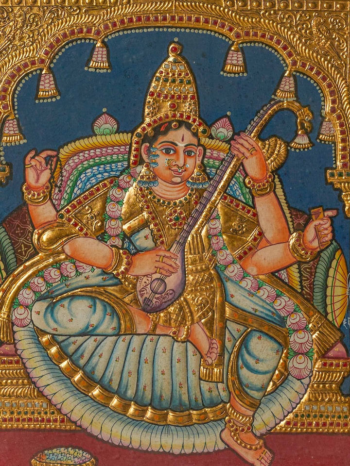 Detailed view of the Antique Saraswathi Thanjavur Painting