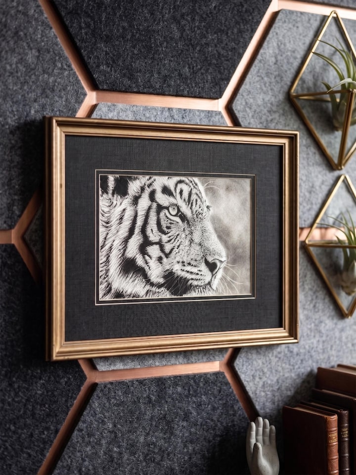 Styled view of Tiger on Hunt Miniature Painting displayed against a styled backdrop