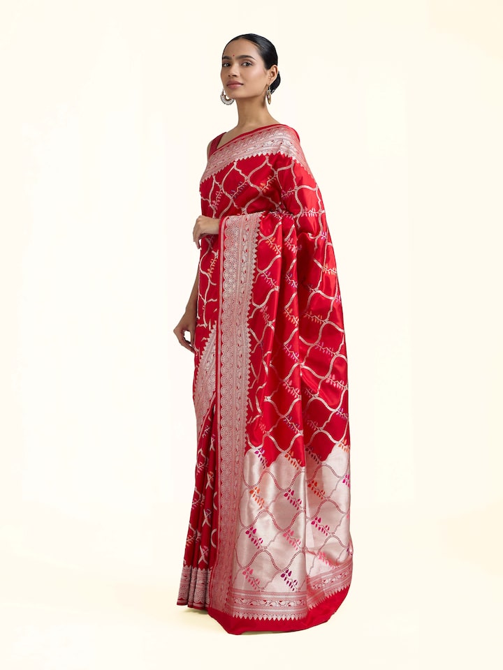 Side view of Pink Banarasi Kadhwa Silk Saree highlighting the detailed craftsmanship and elegant silhouette