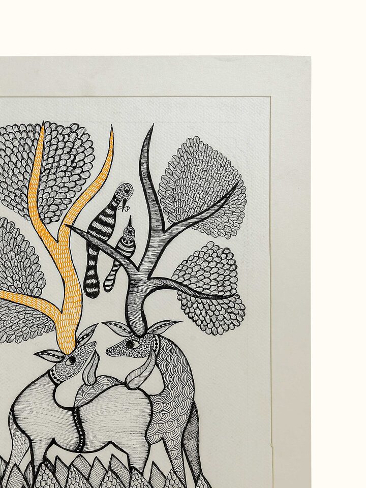 Close-up detail of the Forest Serenity Gond Art