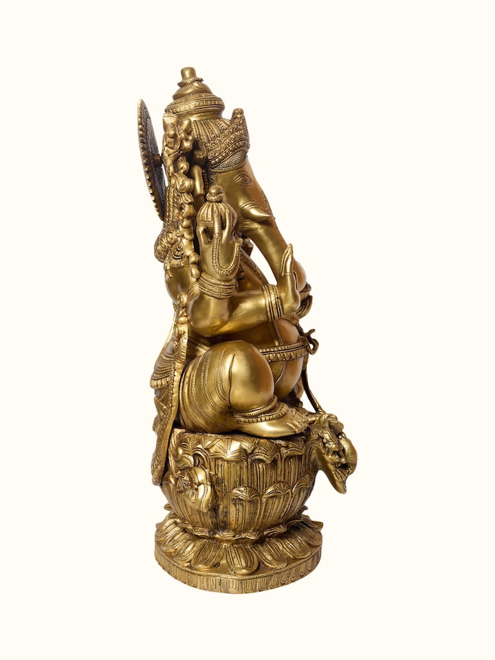 Front view of Brass Ganesha Lotus Sitting Idol showing the front design and form, in an alternate close-up
