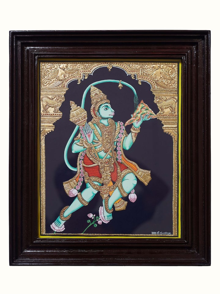 Front view of the Sanjeevini Hanuman Mysore Teak Wood Painting