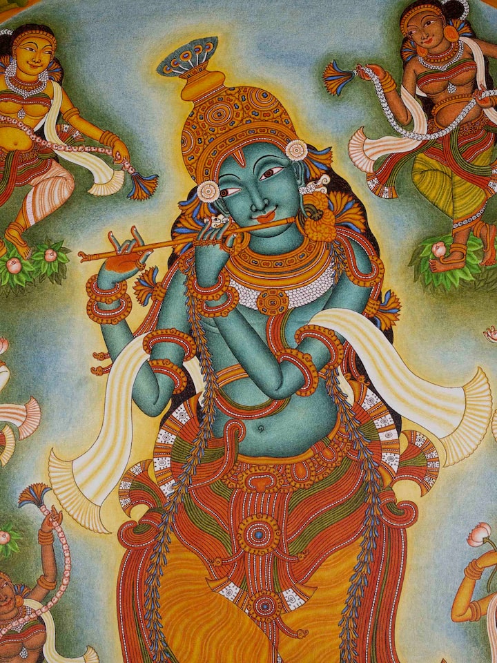 Detail view of Raasaleela Kerala Mural Painting highlighting the intricate linework and detail, from a different angle