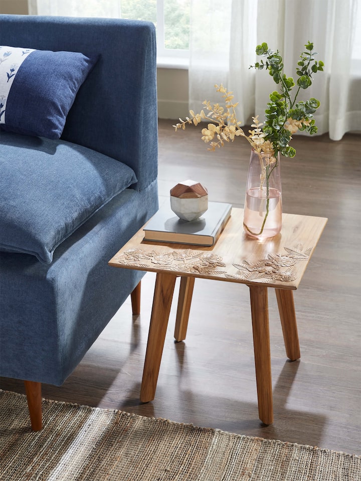 Side view of Carved Teak Wood Square Side Table showing the detailed woodwork and design elements
