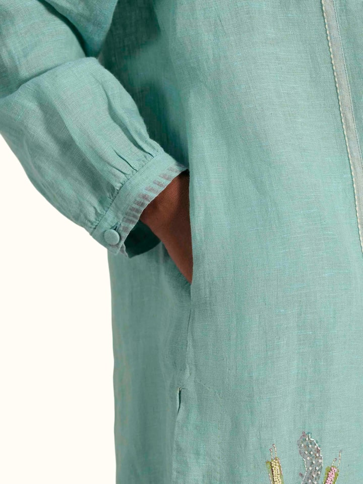 Detail view of the Blue Linen Handloom Co-Ord Set