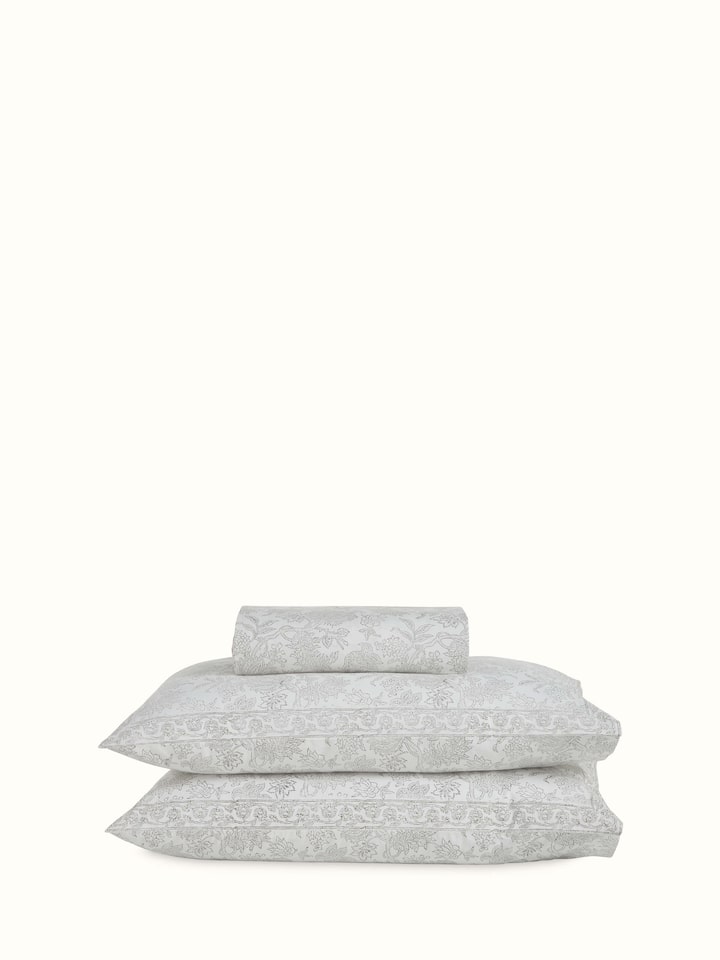 Front view of grey floral Sanganeri king-size bedsheet set in cotton with matching pillow covers