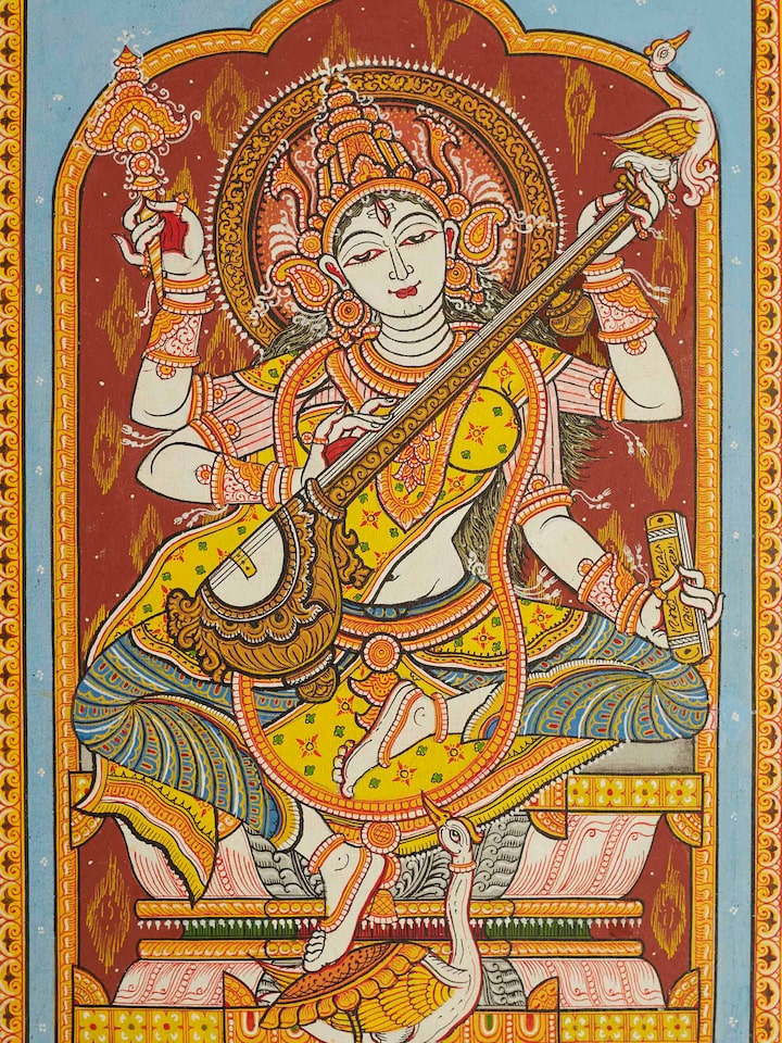 Detail view of the Saraswati Canvas Patachitra Painting