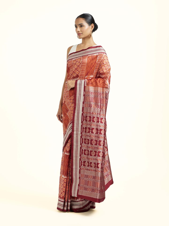Side view of the Brown Mulberry Silk Bandha Odisha Saree