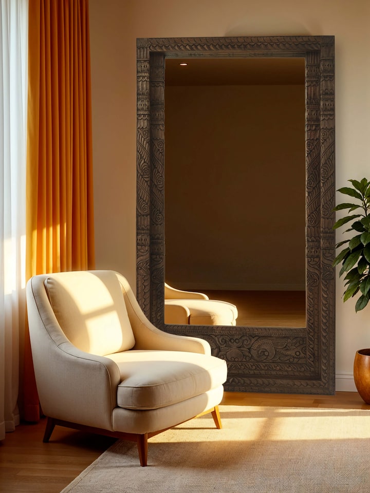Lifestyle view of the Carved Mango Wood Full Length Mirror