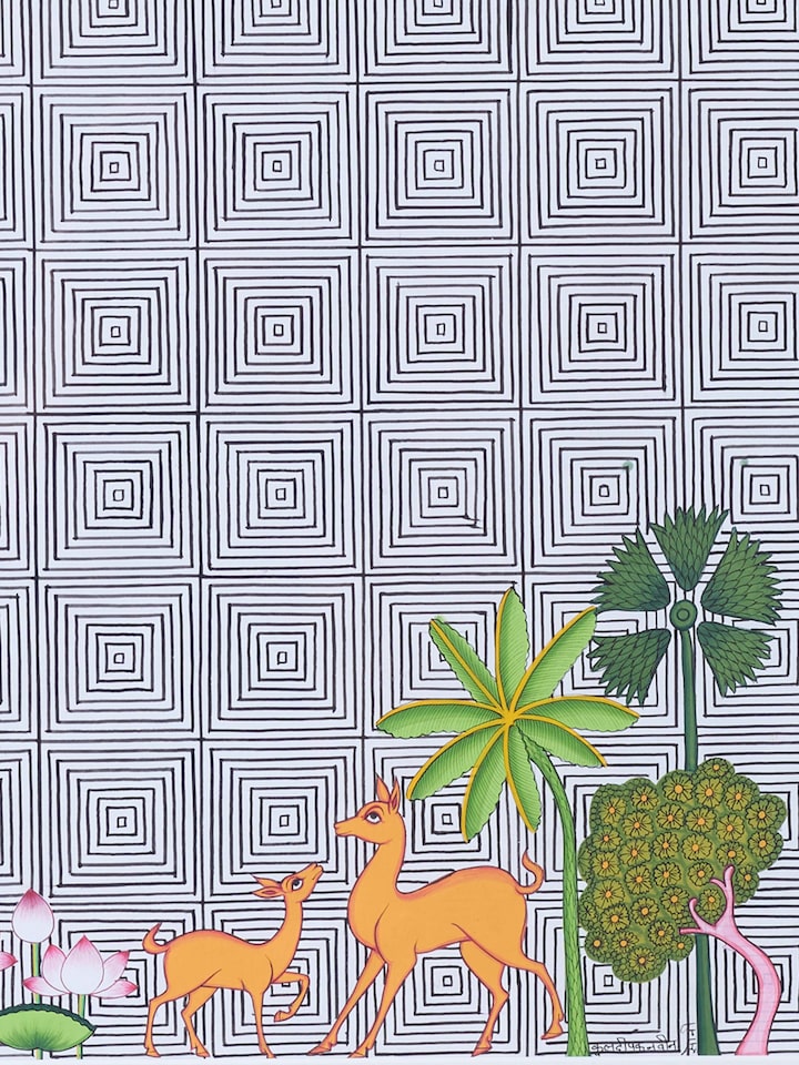 Close-up detail of the Deer Fawn Geometric Illusion Pichwai Painting