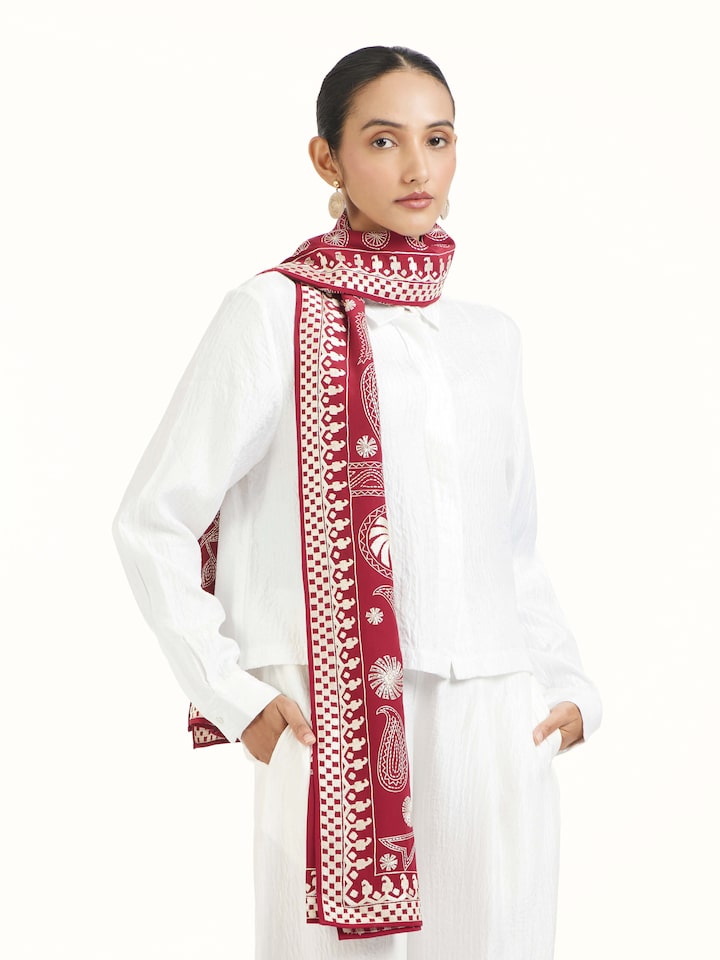 Angled view of Crimson Aari Hand Embroidered Stole revealing the depth of its color and intricate pattern