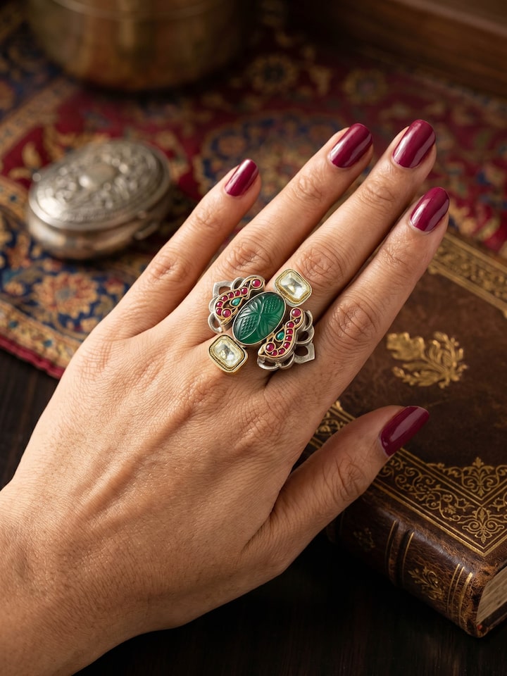 Styled view of Dank Polki Two-Tone Silver Ring worn on the finger, showing how it looks styled