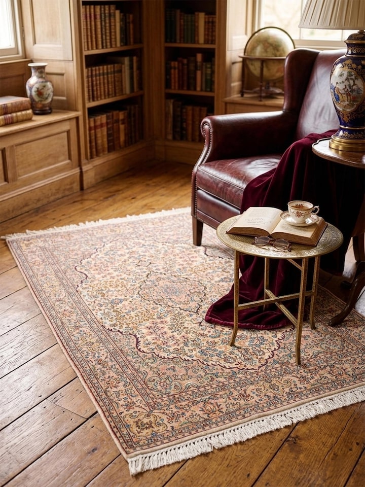 Lifestyle view of the Traditional Persian Ivory Pink Kashan Kashmir Silk Hand-Knotted Carpet