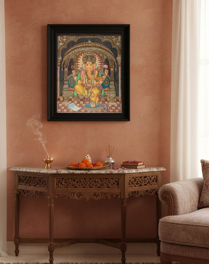 Left-side view of the Ganesha on Throne Thanjavur Painting
