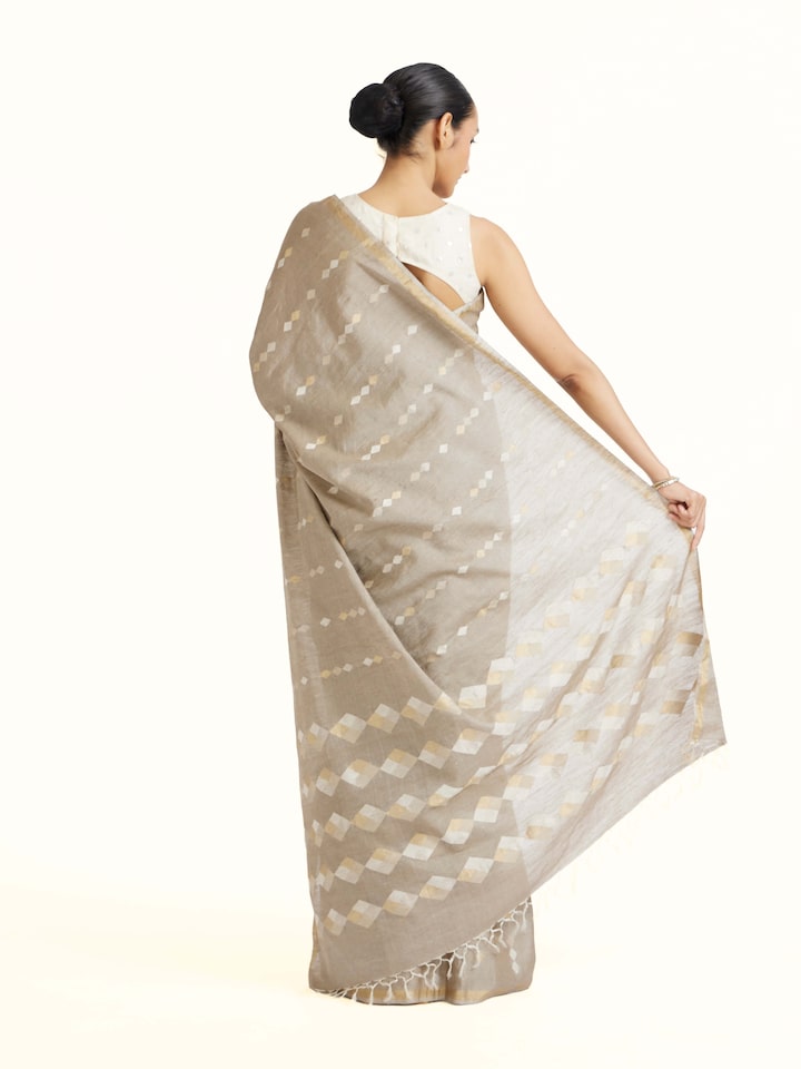Back view of Light Grey Tussar Silk Saree emphasizing the overall design and fine details