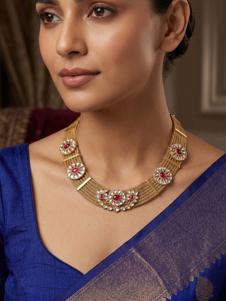 Styled view of Silver Smithing Collar Necklace worn around the neck, showing how it looks styled, from a different angle