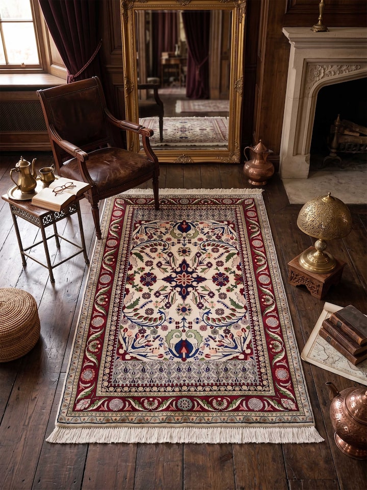 Lifestyle view of the Swadesh Traditional Persian Ivory Isfahan Kashmir Silk Hand-Knotted Carpet