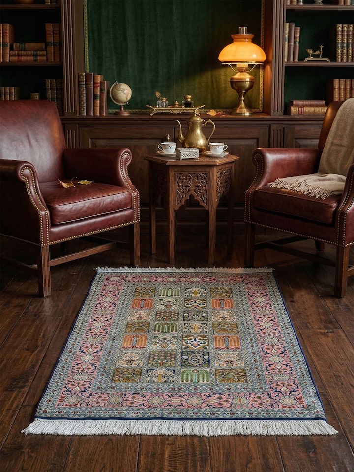 Lifestyle view of the Traditional Persian Pink Dabdar Kashmir Silk Hand-Knotted Carpet