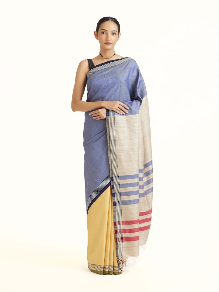 Side view of the Blue Tussar Silk Handloom Saree