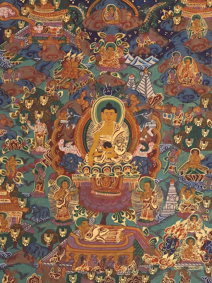 Close-up detail of the Buddha Life Story Thangka Painting