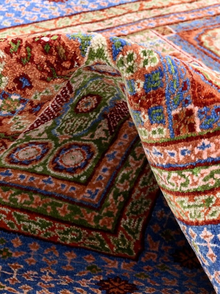 Detail view of Traditional Persian Mamluk Rust Bhadohi Wool & Bamboo Silk Hand Knotted Rug highlighting the intricate pattern and pile texture, in...